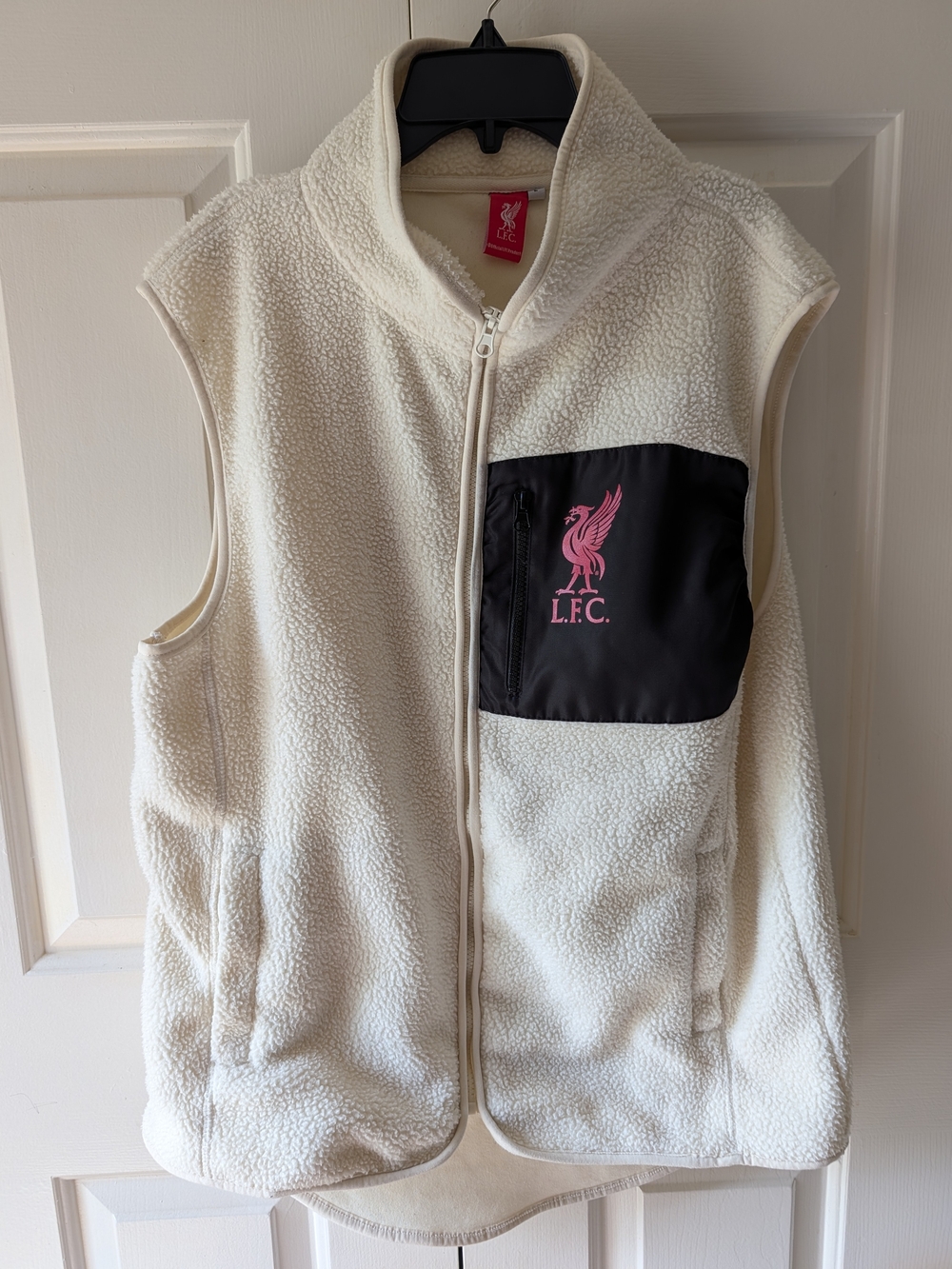 Liverpool Cream Sherpa Vest with Black Pocket and Pink Crest Logo Men Size L